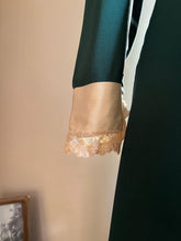 Load image into Gallery viewer, 1960’s Vintage Pine Needle Green Crepe and Satin Puritan Collar Maxi Dress