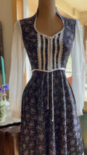 Load image into Gallery viewer, Beautiful 1970’s Vintage Black Calico Gunne Sax Midi Dress