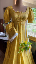Load image into Gallery viewer, Sale~ 3 Piece Handmade Vintage Yellow Calico Dress Bonnet and Bag