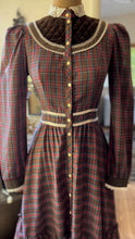Load image into Gallery viewer, Fantastic 1970’s Vintage Plaid and Velveteen Gunne Sax Midi Dress