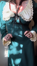 Load image into Gallery viewer, 1960’s Vintage Pine Needle Green Crepe and Satin Puritan Collar Maxi Dress