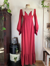 Load image into Gallery viewer, Incredible 1970’s Vintage Handmade Brick Red Satin Crepe and Antique Lace Maxi Dress
