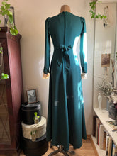 Load image into Gallery viewer, 1960’s Vintage Pine Needle Green Crepe and Satin Puritan Collar Maxi Dress
