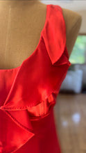Load image into Gallery viewer, Rare Showstopper 1960’s Vintage Liquid Red Satin Ruffle Maxi Dress