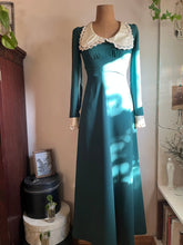 Load image into Gallery viewer, 1960’s Vintage Pine Needle Green Crepe and Satin Puritan Collar Maxi Dress