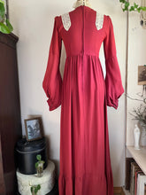Load image into Gallery viewer, Incredible 1970’s Vintage Handmade Brick Red Satin Crepe and Antique Lace Maxi Dress