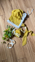 Load image into Gallery viewer, Sale~ 3 Piece Handmade Vintage Yellow Calico Dress Bonnet and Bag