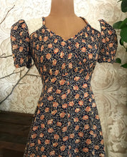 Load image into Gallery viewer, 1970’s Vintage Apricot Rose and Navy Seersucker Dress by Jody T