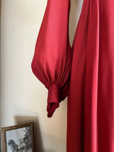 Load image into Gallery viewer, Incredible 1970’s Vintage Handmade Brick Red Satin Crepe and Antique Lace Maxi Dress