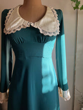 Load image into Gallery viewer, 1960’s Vintage Pine Needle Green Crepe and Satin Puritan Collar Maxi Dress