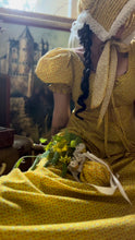 Load image into Gallery viewer, Sale~ 3 Piece Handmade Vintage Yellow Calico Dress Bonnet and Bag