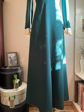 Load image into Gallery viewer, 1960’s Vintage Pine Needle Green Crepe and Satin Puritan Collar Maxi Dress