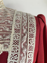Load image into Gallery viewer, Incredible 1970’s Vintage Handmade Brick Red Satin Crepe and Antique Lace Maxi Dress