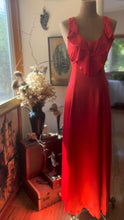 Load image into Gallery viewer, Rare Showstopper 1960’s Vintage Liquid Red Satin Ruffle Maxi Dress