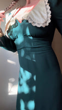 Load image into Gallery viewer, 1960’s Vintage Pine Needle Green Crepe and Satin Puritan Collar Maxi Dress