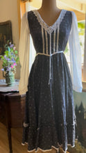 Load image into Gallery viewer, Authentic 1970’s Vintage Black Calico Gunne Sax Midi Dress