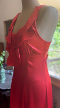 Load image into Gallery viewer, Rare Showstopper 1960’s Vintage Liquid Red Satin Ruffle Maxi Dress