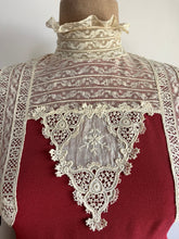 Load image into Gallery viewer, Incredible 1970’s Vintage Handmade Brick Red Satin Crepe and Antique Lace Maxi Dress