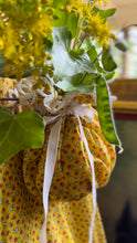 Load image into Gallery viewer, Sale~ 3 Piece Handmade Vintage Yellow Calico Dress Bonnet and Bag