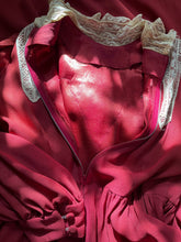 Load image into Gallery viewer, Incredible 1970’s Vintage Handmade Brick Red Satin Crepe and Antique Lace Maxi Dress