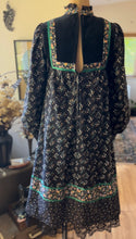 Load image into Gallery viewer, Authentic 1970’s Vintage Black Calico and Velveteen Trapeze Gunne Sax Midi Dress
