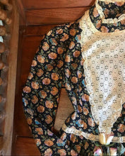 Load image into Gallery viewer, Authentic 1970’s vintage black calico Vicky Vaughn dress