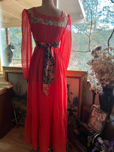 Load image into Gallery viewer, 1970’s Vintage Strawberry Voile and Bird Print Batik Young Edwardian Maxi Dress