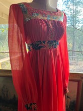 Load image into Gallery viewer, 1970’s Vintage Strawberry Voile and Bird Print Batik Young Edwardian Maxi Dress