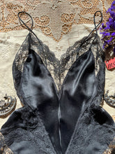 Load image into Gallery viewer, Deadstock 1980’s vintage Black Satin and Lace teddy by Ms Leslee