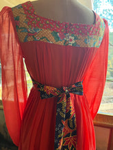 Load image into Gallery viewer, 1970’s Vintage Strawberry Voile and Bird Print Batik Young Edwardian Maxi Dress