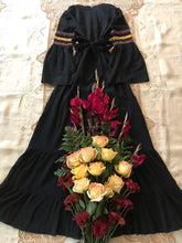 Load image into Gallery viewer, Amazing 1970's vintage black crepe and embroidered ribbon dress by Roberta