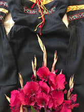 Load image into Gallery viewer, Amazing 1970's vintage black crepe and embroidered ribbon dress by Roberta