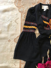 Load image into Gallery viewer, Amazing 1970's vintage black crepe and embroidered ribbon dress by Roberta