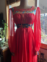 Load image into Gallery viewer, 1970’s Vintage Strawberry Voile and Bird Print Batik Young Edwardian Maxi Dress