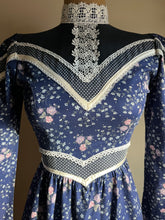 Load image into Gallery viewer, Tiny Authentic 1970’s Vintage Navy Calico Gunne Sax Midi Dress