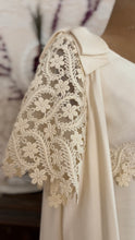 Load image into Gallery viewer, 1960’s Vintage Ivory Linen and Fern Lace Shift Dress and Trained Vest Bridal Set