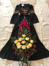Load image into Gallery viewer, Amazing 1970's vintage black crepe and embroidered ribbon dress by Roberta