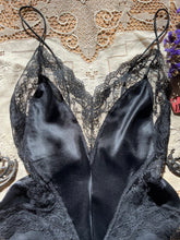 Load image into Gallery viewer, Deadstock 1980’s vintage Black Satin and Lace teddy by Ms Leslee