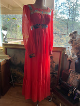 Load image into Gallery viewer, 1970’s Vintage Strawberry Voile and Bird Print Batik Young Edwardian Maxi Dress