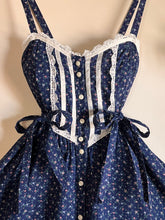Load image into Gallery viewer, Authentic 1970’s vintage navy calico side tie Gunne Sax midi sundress