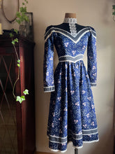Load image into Gallery viewer, Tiny Authentic 1970’s Vintage Navy Calico Gunne Sax Midi Dress