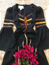 Load image into Gallery viewer, Amazing 1970's vintage black crepe and embroidered ribbon dress by Roberta