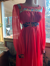 Load image into Gallery viewer, 1970’s Vintage Strawberry Voile and Bird Print Batik Young Edwardian Maxi Dress