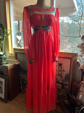 Load image into Gallery viewer, 1970’s Vintage Strawberry Voile and Bird Print Batik Young Edwardian Maxi Dress
