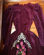 Load image into Gallery viewer, 1970’s vintage burgundy velveteen Gunne Sax midi dress