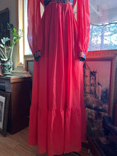 Load image into Gallery viewer, 1970’s Vintage Strawberry Voile and Bird Print Batik Young Edwardian Maxi Dress