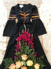 Load image into Gallery viewer, Amazing 1970's vintage black crepe and embroidered ribbon dress by Roberta