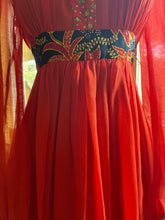Load image into Gallery viewer, 1970’s Vintage Strawberry Voile and Bird Print Batik Young Edwardian Maxi Dress
