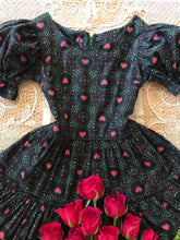 Load image into Gallery viewer, Incredible 1950’s vintage black heart print calico dress