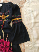 Load image into Gallery viewer, Amazing 1970's vintage black crepe and embroidered ribbon dress by Roberta